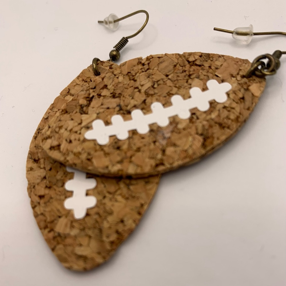 Handmade Dangle Cork Football Earrings - Picture 1 of 4